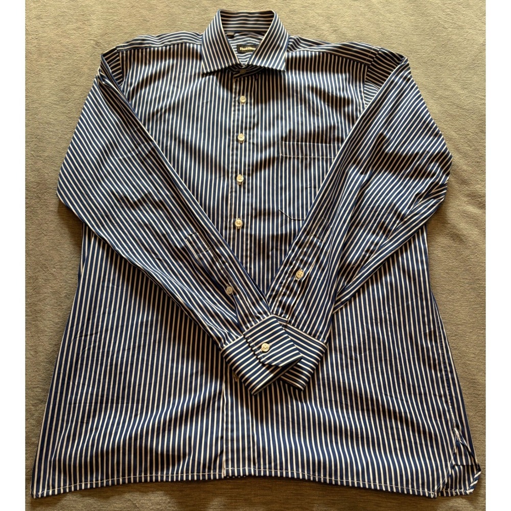 Paul Stuart Mens Blue White Striped Cotton Dress Shirt 16.5 35 Made in Canada